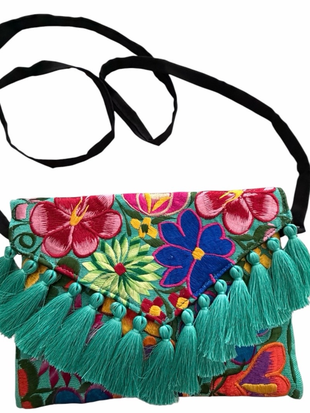 Embroidered Floral Fringe Crossbody Bag - Teal